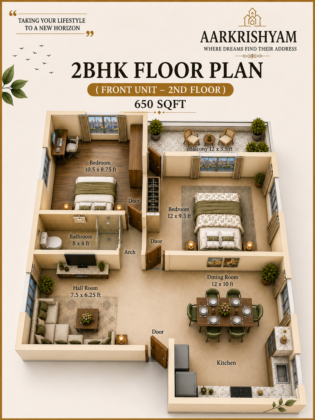 2BHK 650 sq ft floor plan